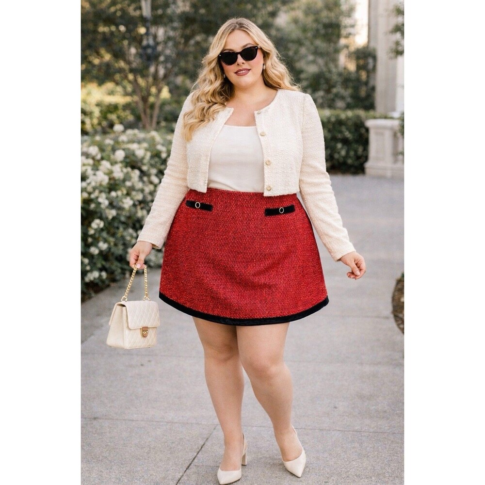 Womens 4X Red Bouclé Tweed Mini Skirt A-Line‎ Black Velvet Trim Valentines